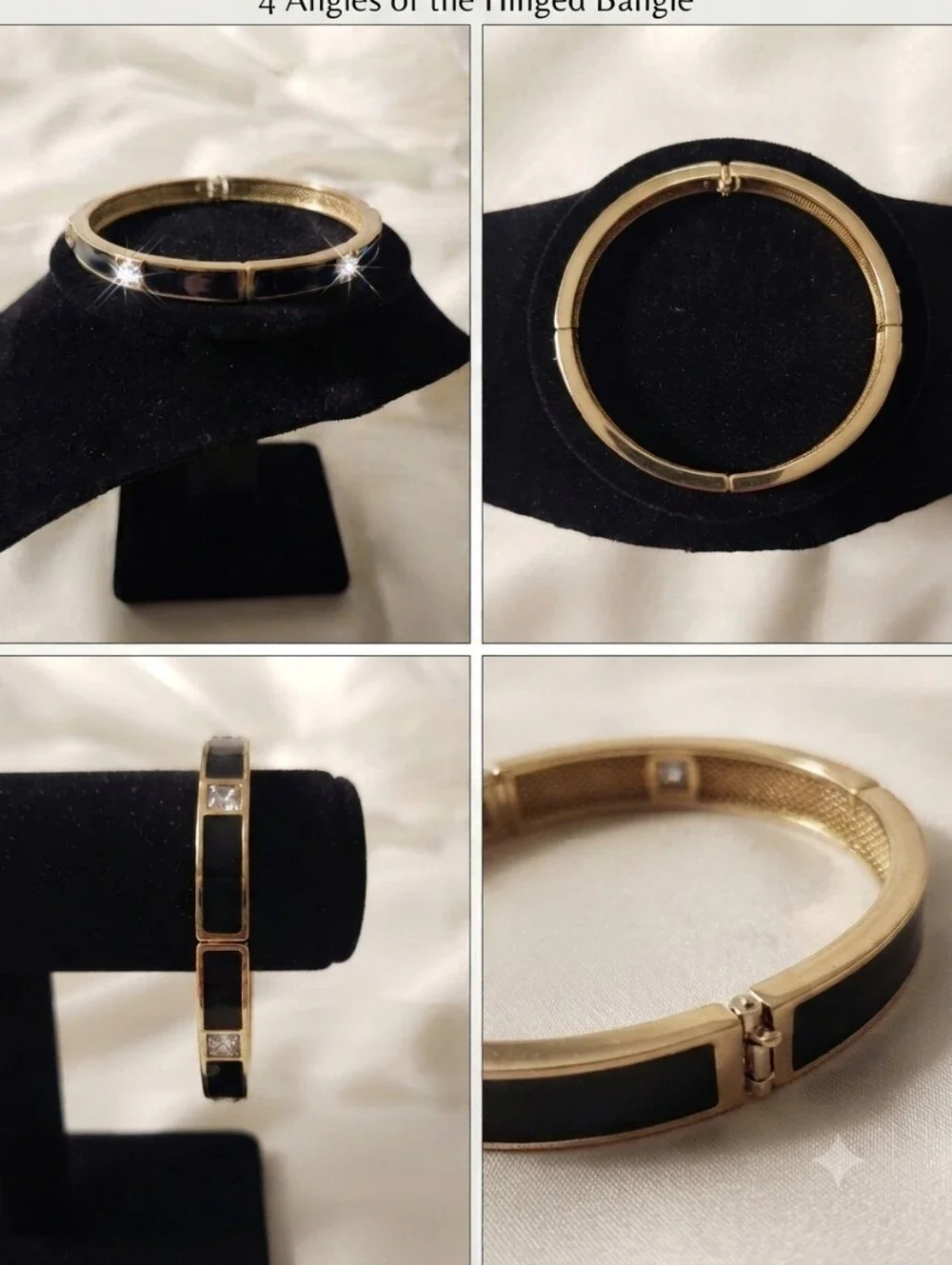 Vintage Gold Tone Black Enamel Onyx Rhinestone Inlay Hinged Bangle Bracelet